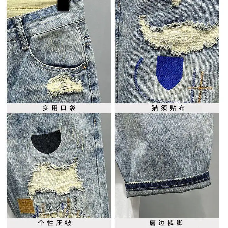 New Arrival 2023 Summer Washed Men\'s Casual Denim Shorts Stylish Cat WhiskerCowboy Ripped Distressed Patched Skinny Short Jeans