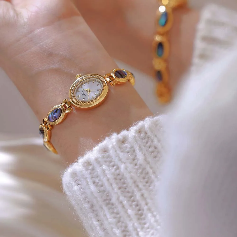 ساعة يد نسائية قذائف طبيعية ملونة سوار خمر ساعة صغيرة البيضاوي الهاتفي الذهب الرجعية الساعات الفاخرة كوارتز ساعة الهدايا