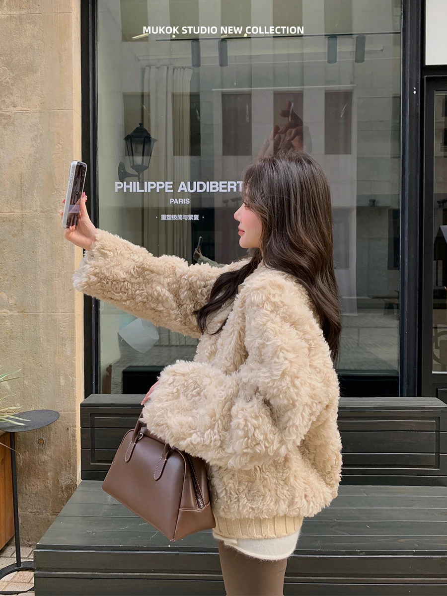 

Женская корейская куртка MUKOK из полиэстера с интегрированной отделкой из кожи и меха, весна-осень-зима