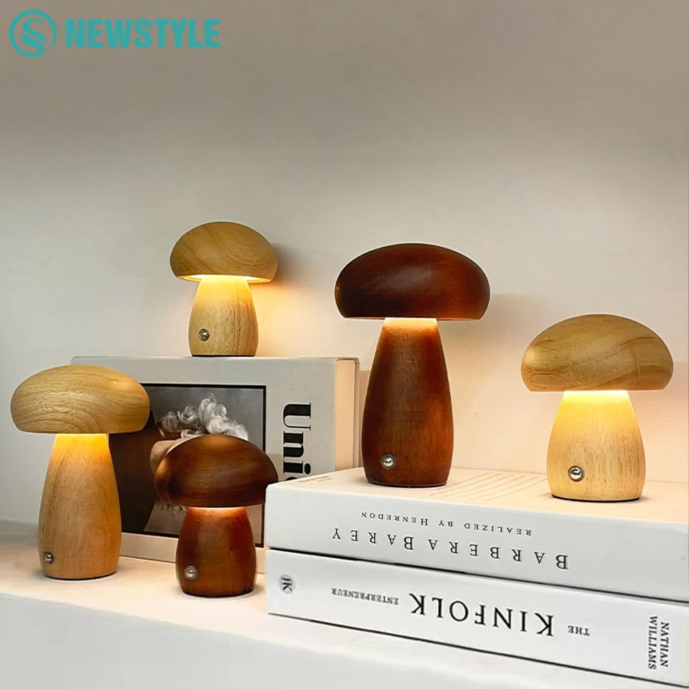 

INS Wooden Creative Mushroom Night Light Stepless Dimming Bedside Table Lamp 3 Color Rechargeable Sleeping Nightlights For Room