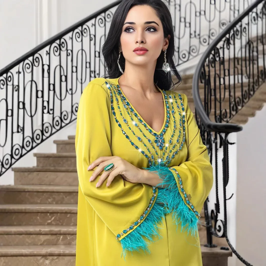Ramadán diamantes Abaya Dubai vestido musulmán de plumas de lujo mujeres ropa Islam Eid Robe Femme Musulmane Abayas Damen Kaftan vestido
