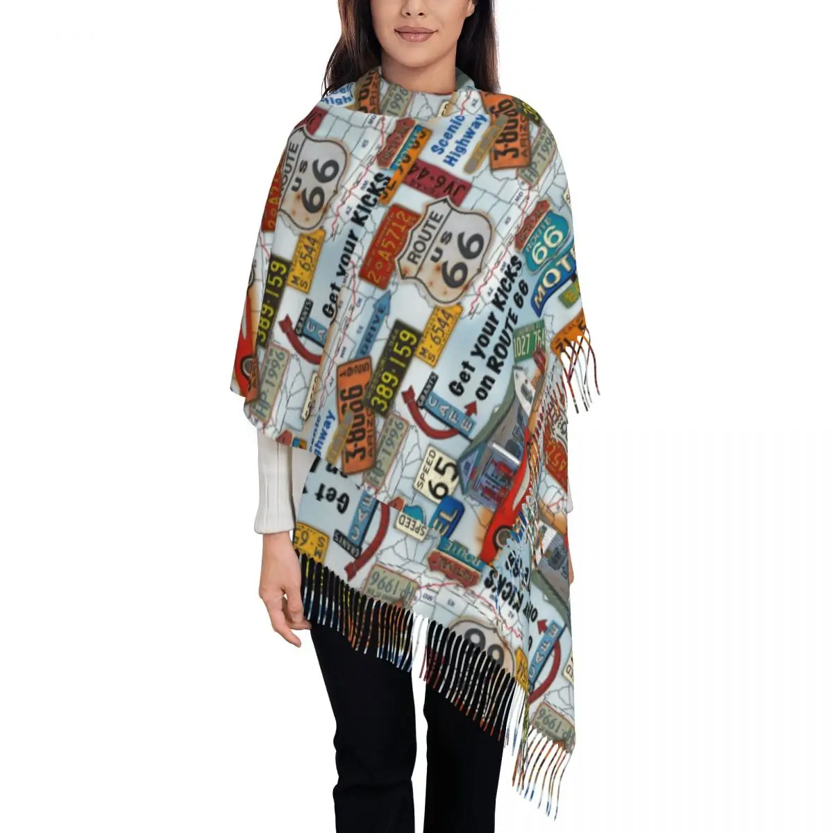 Route 66 License Plate Scarf for Women Winter Pashmina Shawls and Wrap Highway Mother Road Sign Long Large Shawl Scarf Ladies