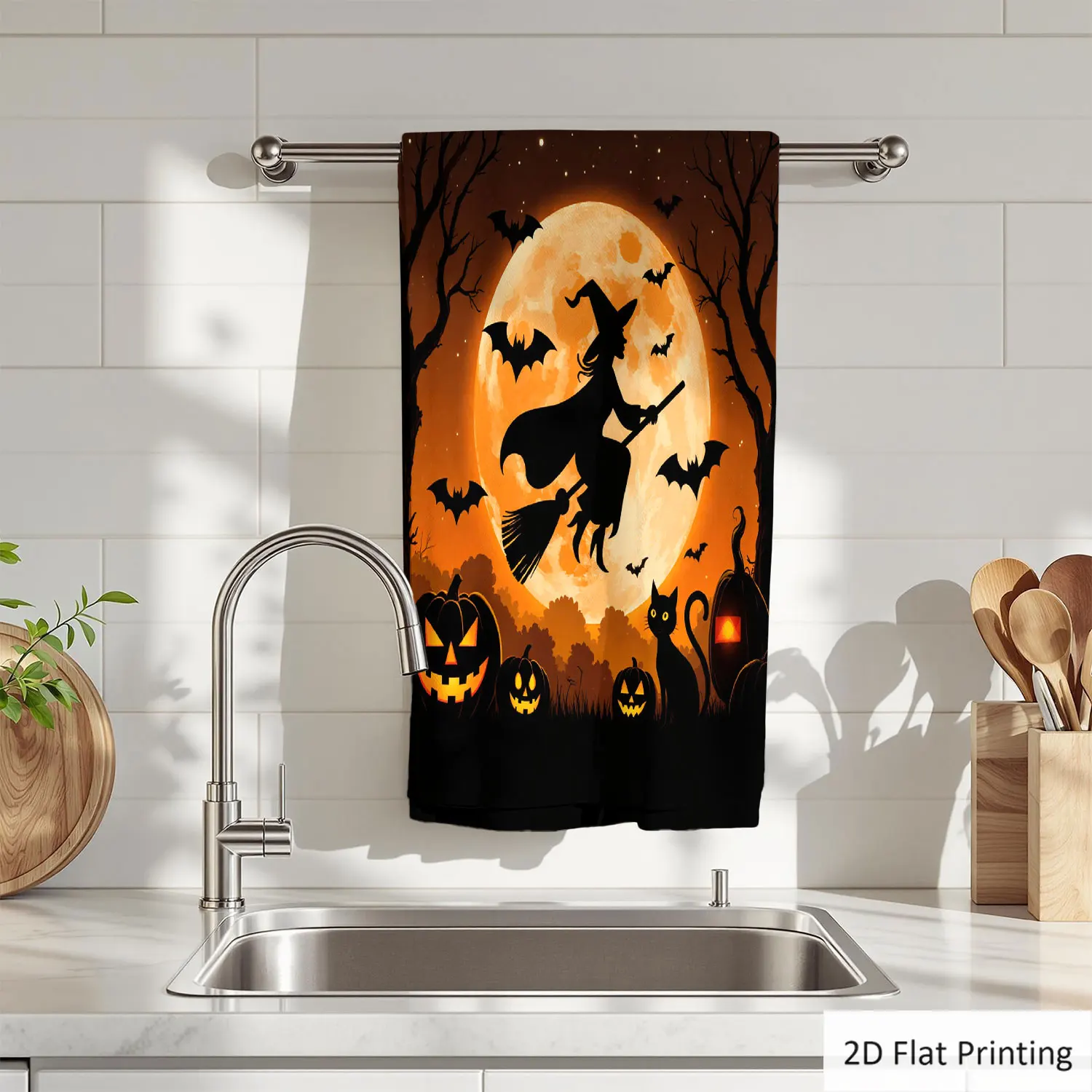 

1Pc Halloween Witch Broom Pumpkins Cat Bats Bathroom Hand Towel Bath Towel, Multiple Size Microfiber Polyester Towel, Unique Home Decorative Kitchen Towels, Festival Bathroom Accessories Decor, Quick Dry and Absorbent