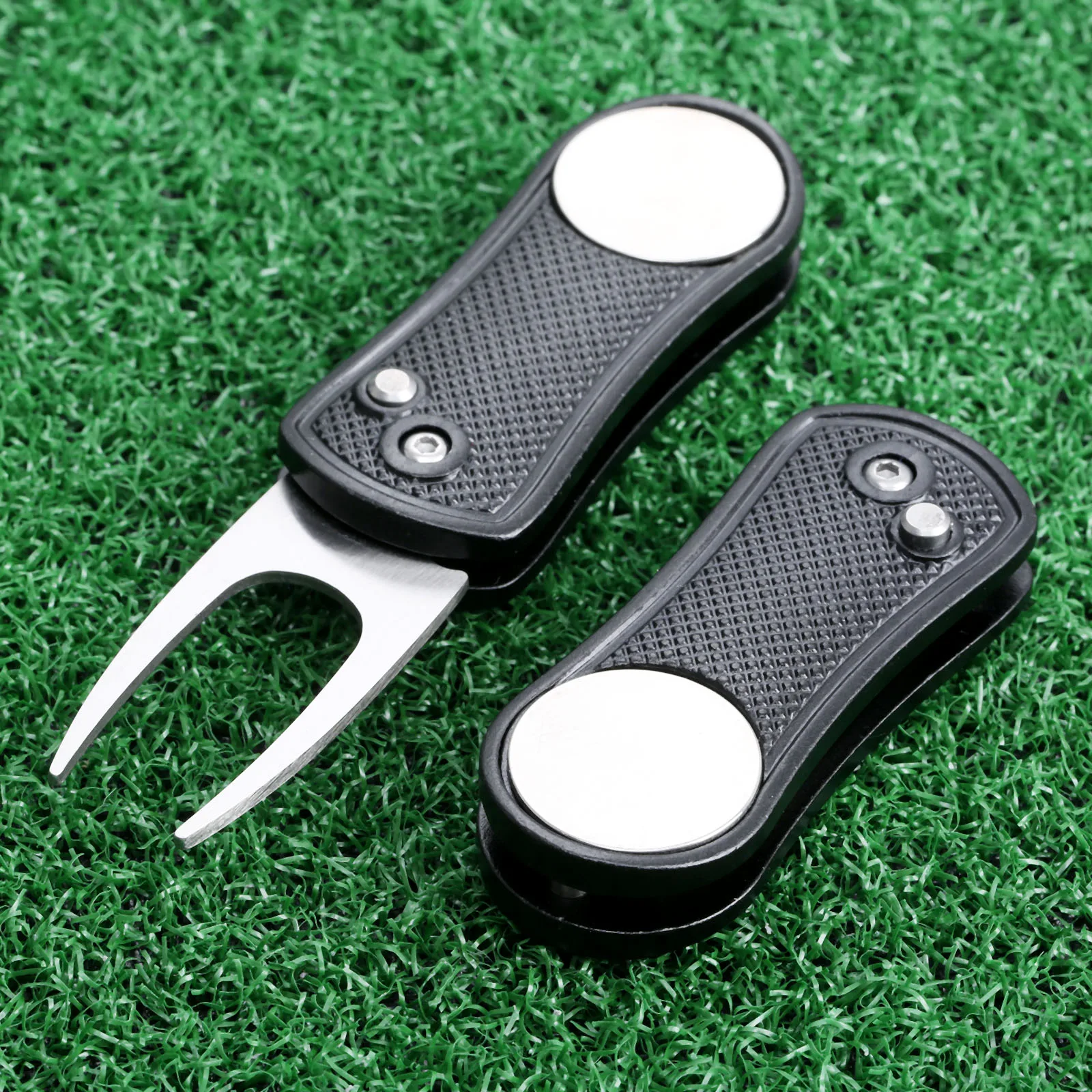 Stainless Steel Golf Putting Green Divot Fork Repair Switchblade Tool With Balls Mark Pitchfork Fit Groove Cleaner & Clubs Rest