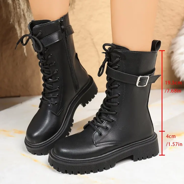 

Women's Boots Fashion Buckle Design Leather Boots Punk Style Women's Motorcycle Boots Lace Up Mid-calf Boot Sandalias De Mujer