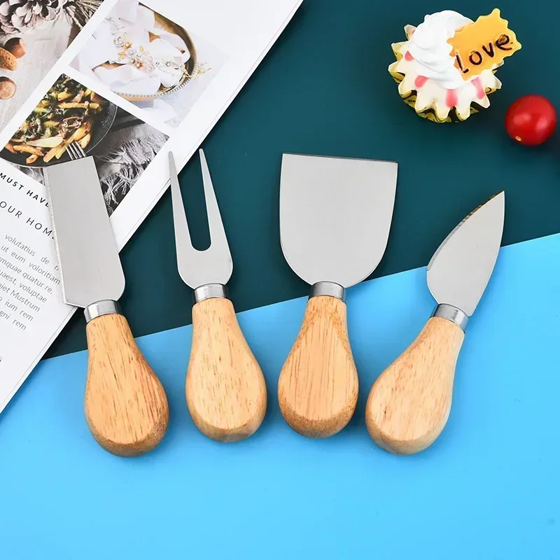 

4pcs Stainless Steel Cheese Knife Set Wooden Handle Cheese Slicer Butter Cutter Spatula Cake Fork Set Baking Tool Kitchen Items