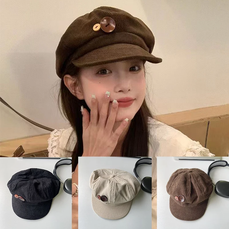 

Double Button Decoration Corduroy Baseball Caps Windproof Adjustable Octagonal Hat Keep Warm Beret Autumn Winter Outdoor Sun Cap