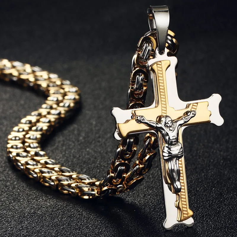 Edelstahl Kruzifix Jesus Byzantinische Gliederkette Halskette Fischgrätenmuster Kreuz Anhänger Halskette Katholischer Schmuck Männer Geschenk – Detail 7