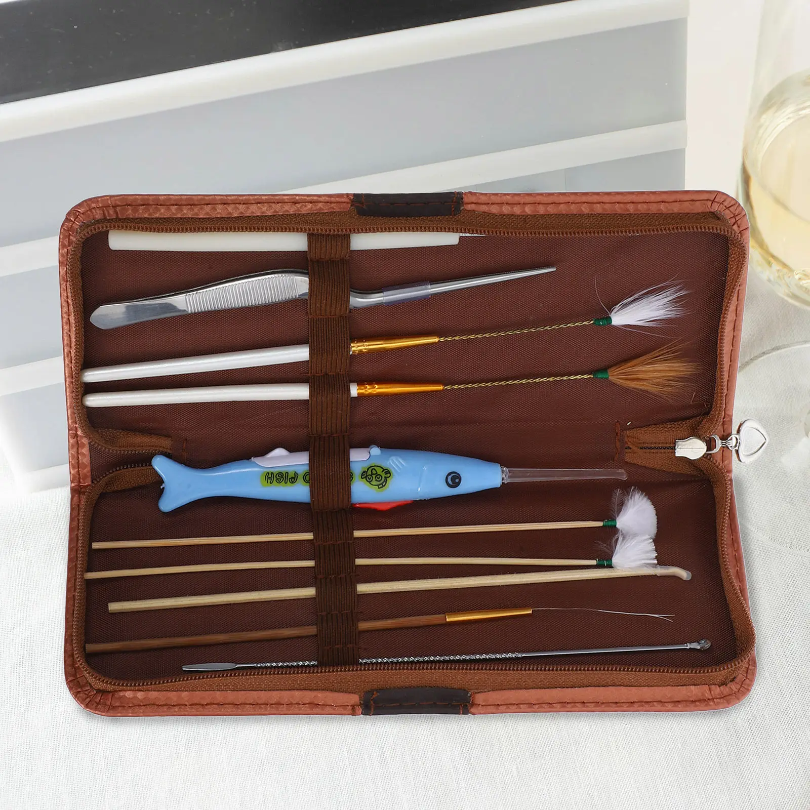 1Set Ear Cleaning Tools Set Stainless Steel Ear Pick Spiral Spoon Tweezers with PU Pouch Earwax Removal Kit for