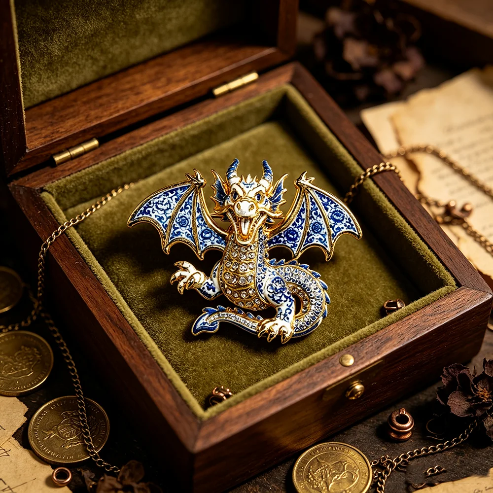 Gold Rim Blue White Porcelain Dragon Brooch, Crystal Enamel Flying Dragon Pin, Retro Costume Jewelry Accessory Gift