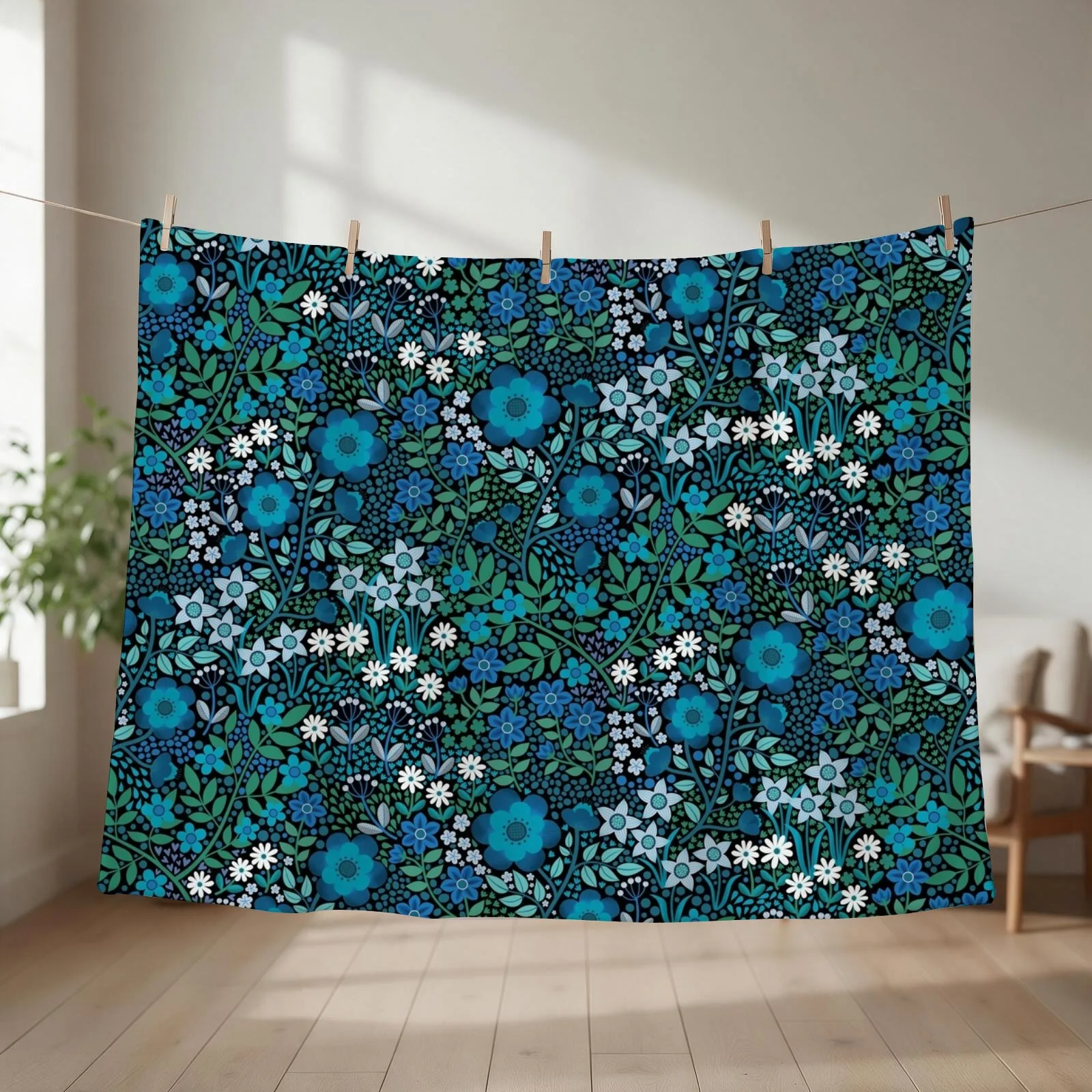 Summer Flower Garden - pretty floral pattern, turquoise blue and emerald on black - by Cecca Designs Throw Blanket