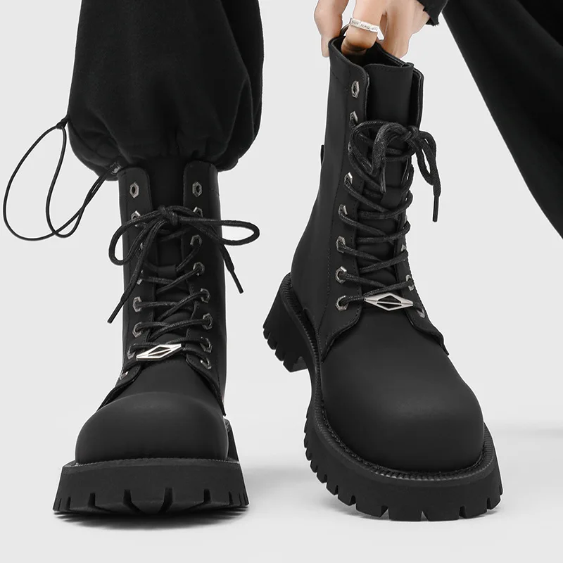 British style mens fashion punk stage high motorcycle boots black matte platform shoes cowboy natural leather boot long botas