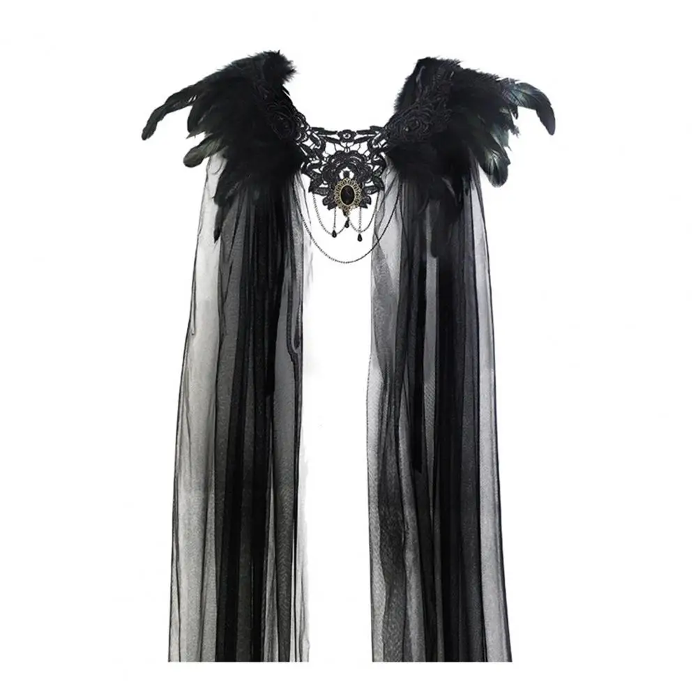 Walking Feather Harness Style Shoulder Feathers Black Feathered Shoulder Wrap Cape with Lace Collar for Women for Halloween