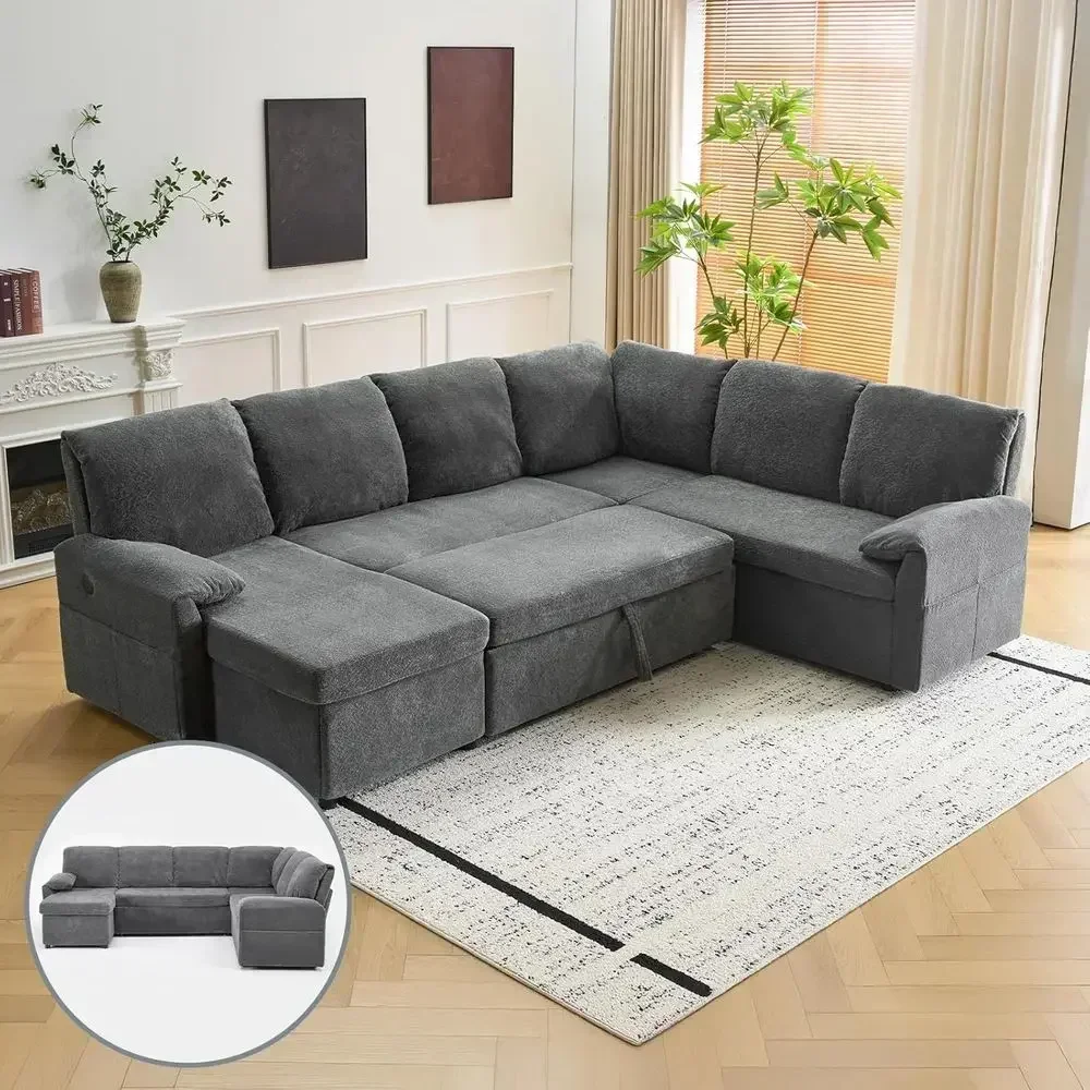 Convertible Sofa Bed with Pull-Out Couch, Plush U-Shape Sectional Couch featuring Storage Chaise, USB Ports, and Side Pockets
