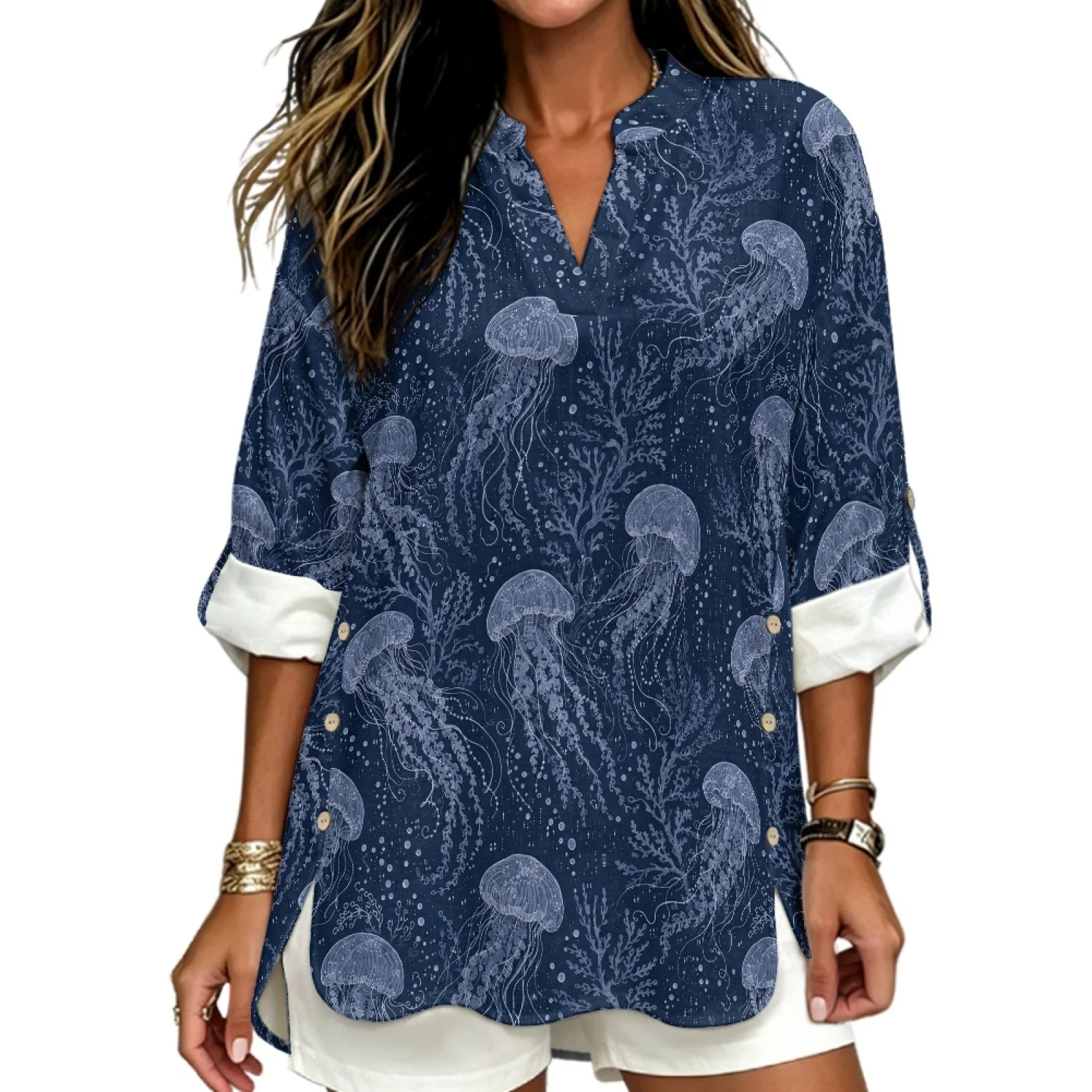 PENSTROLL Roll Up Sleeve Linen Like V Neck Loose Fit Tunic Top Trendy Dressy Casual Blouses for Beach Navy Jellyfish Pattern