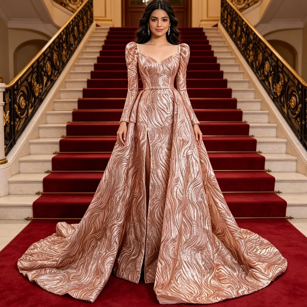 Sequined Crystal Women's Prom Luxury Dress Sweetheart Long Sleeve Lace Up Back Gold Evening Mermaid Customized