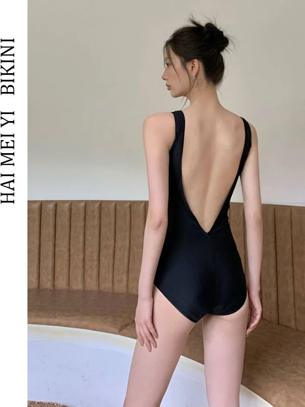 

Slimming One-Piece Swimsuit Backless Vacation Women's Swimwear Simple Style Nylon Fabric No Sleeve Casual Surf Suit