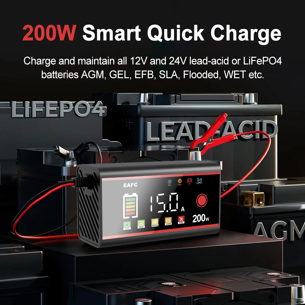 EAFC Große Leistung 200 W 100 W Batterie Ladegerät 12 V/24 V Auto Batterie Ladegerät Smart Pulse Reparatur für Auto LiFePO4 AGM GEL NASS Blei Säure