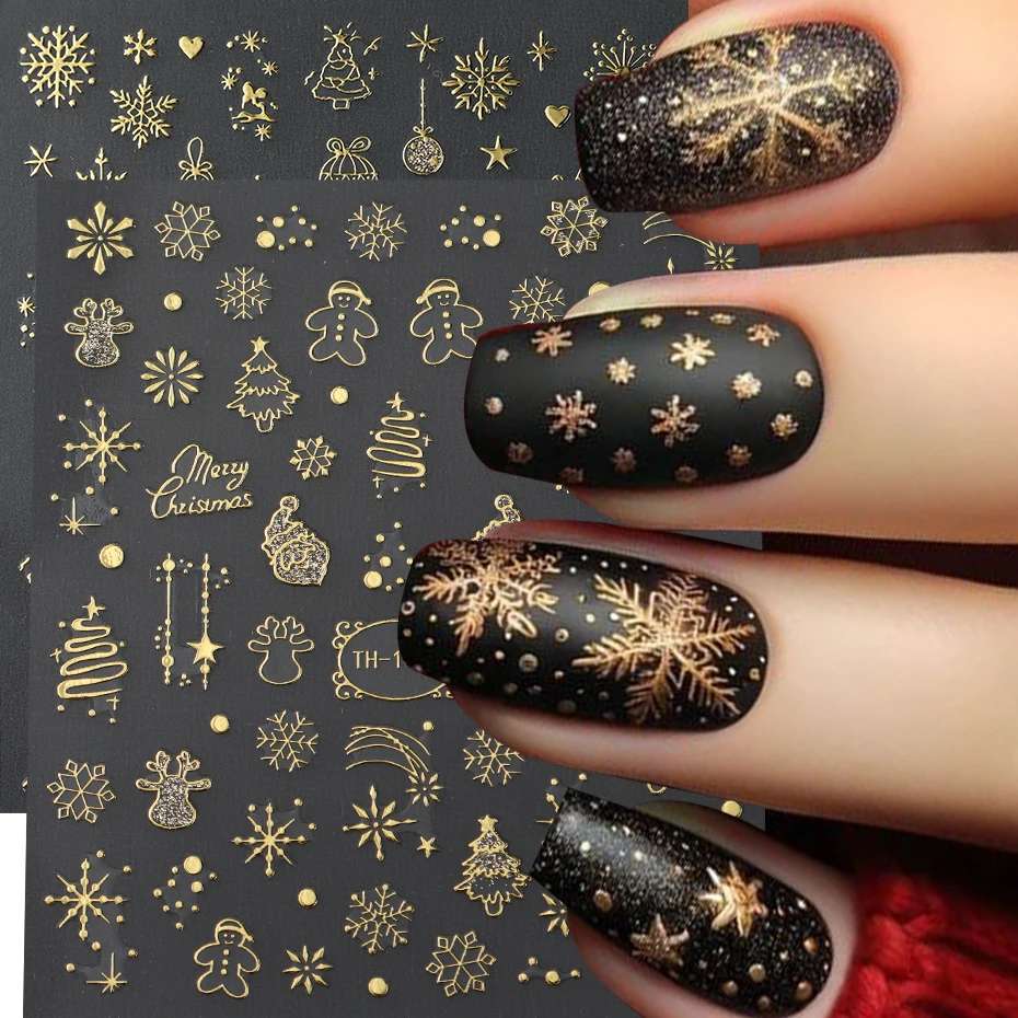 Christmas Snowflakes Sliders for nails Gold Shiny Christmas Trees Gingerbread Man Self-Adhesive Stickers And Decals Decor