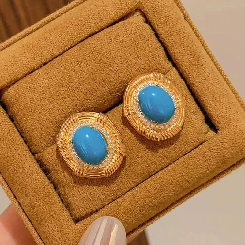 

2024 New popular brand gifts retro turquoise Fried Dough Twists shiny high-end fashion round earrings s925 extravagant party