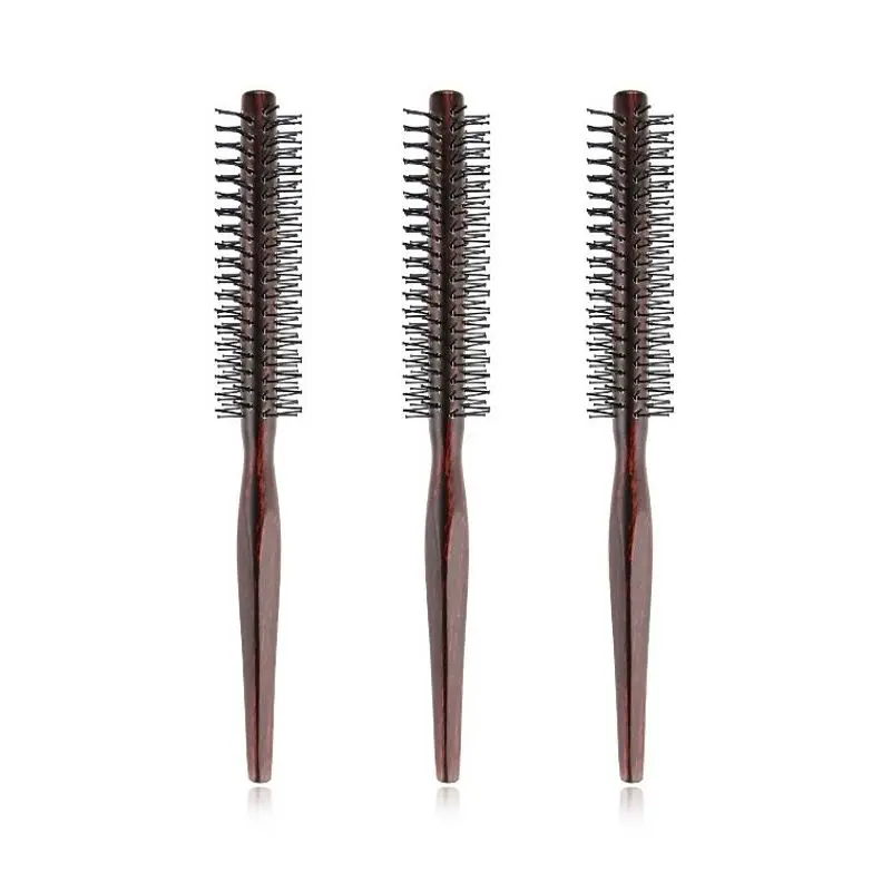 [FE] Curly Hair Styling Roller Comb Mini Round Nylon Hair Brush With Wooden Handle For Thin Or Short Hair Men  Women Use
