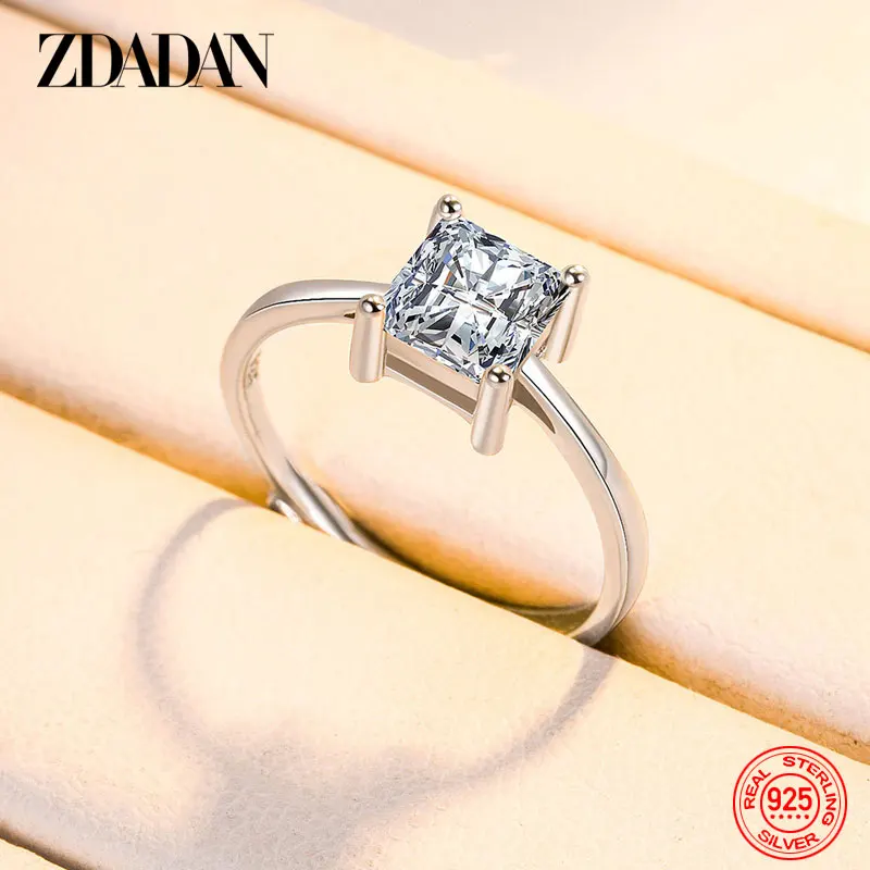 ZDADAN 925 Sterling Silver Square Zircon Adjustable Ring For Women Wedding Jewelry