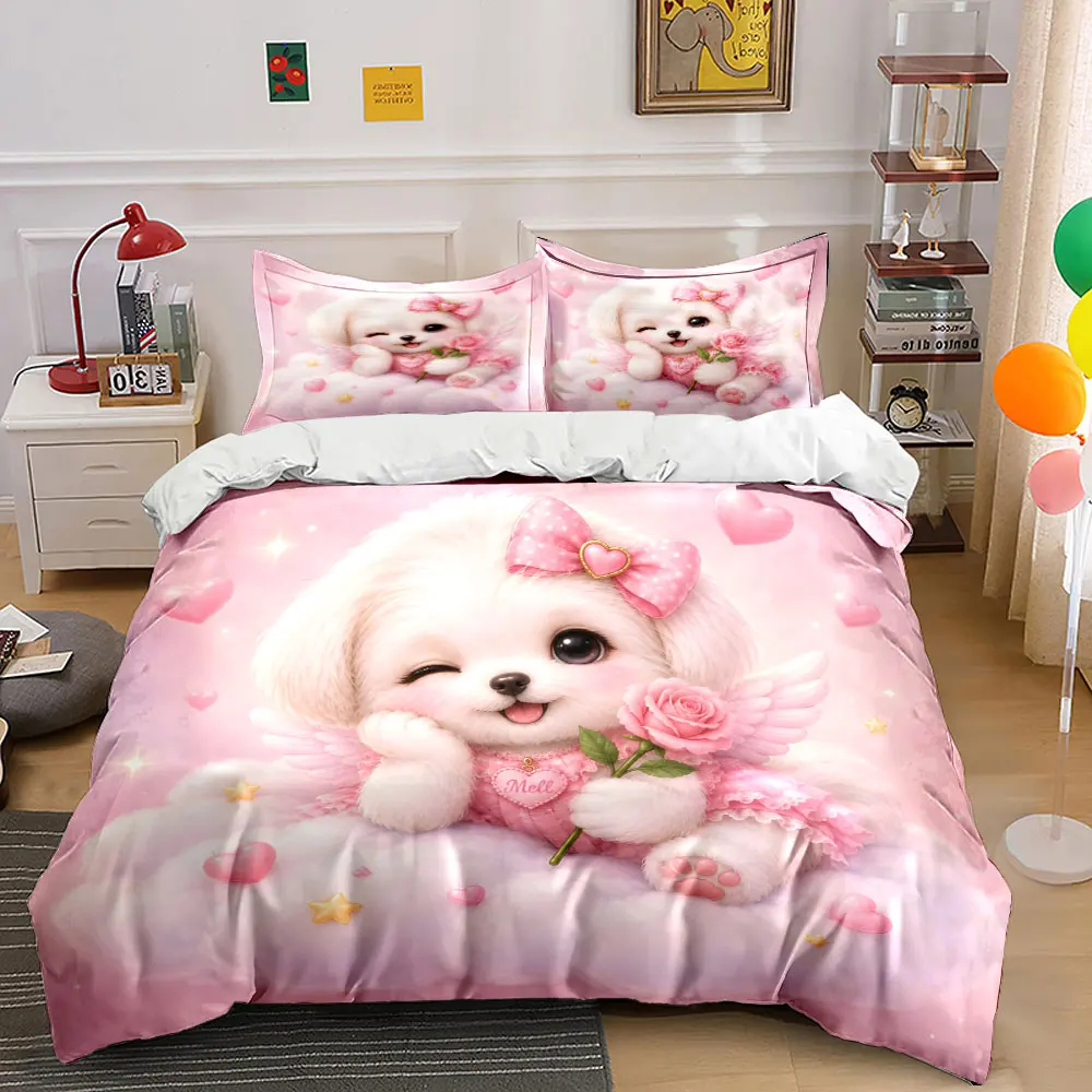 Cute angel puppy on a pink cloud Bedding Set for Kids Luxury Gift 3pcs Digital Print Comforter Set Soft Comfortable Breathable