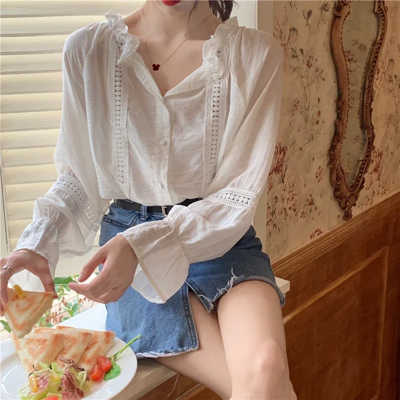 

Shirts Women Leisure Spring Temperament Ladies Clothes Solid All Match Edible Free Fungus Long Flare Sleeves Breathable Fashion