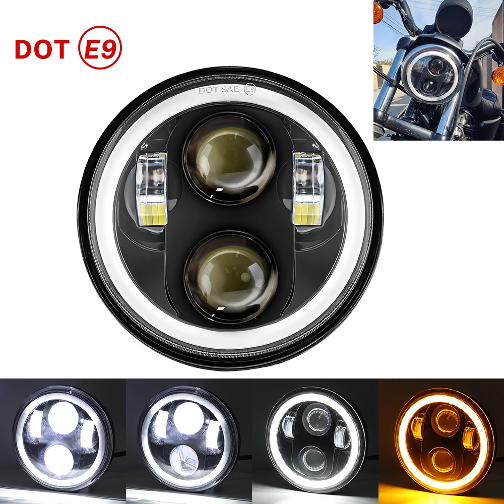 

5.75 Inch LED Headlight Projector Halo Ring H4 Motorcycle 5 3/4" DRL Turn Signal For Harley Sportster Dyna Iron 883 Triumph Lamp