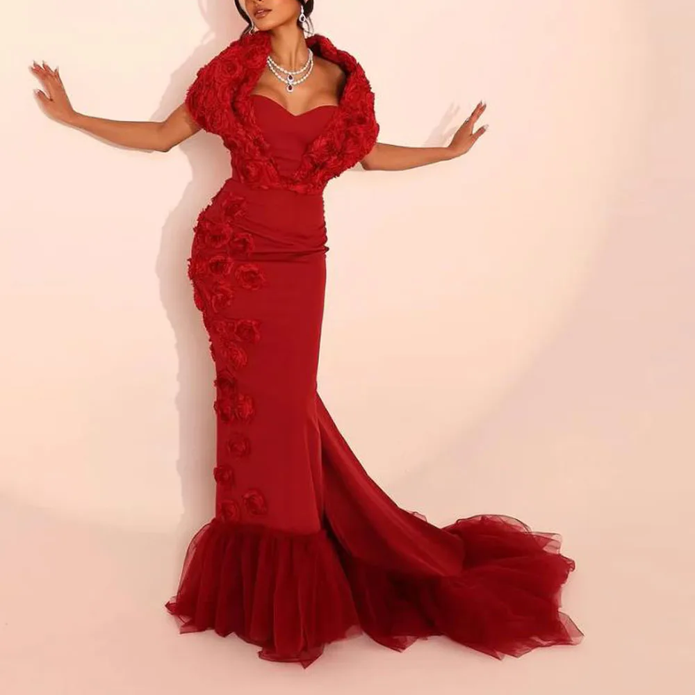 Abiti da sera personalizzati con fiori di rosa rossa Cape Skeeve Abito da festa di compleanno a sirena Abito in tulle con strascico فساتmavera