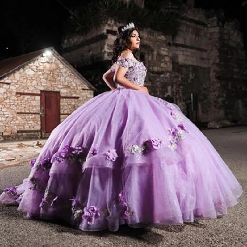 Vestido Lila brillante De quinceañera, 15 Años, 2022, Florals, sin hombros, esponjoso, dulce 16, lujoso Charro mejicano para baile De graduación