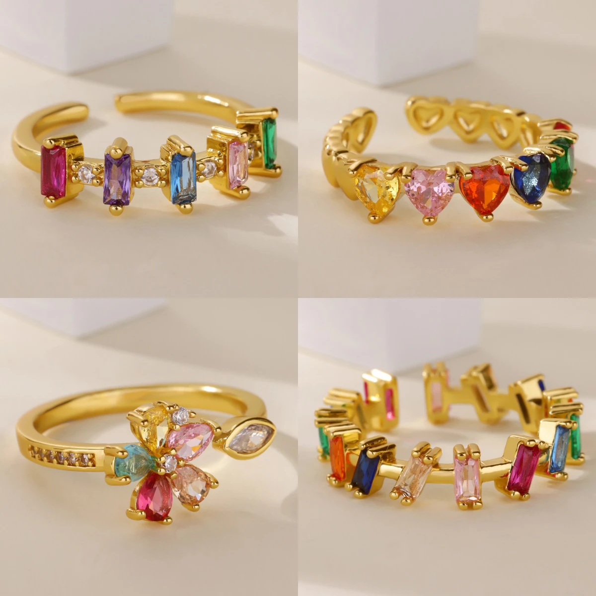 فاخر قوس قزح الزركون زهرة القلب خواتم للنساء الفولاذ المقاوم للصدأ الذهب اللون هندسية خاتم 2025 موضة الزفاف زوجين مجوهرات