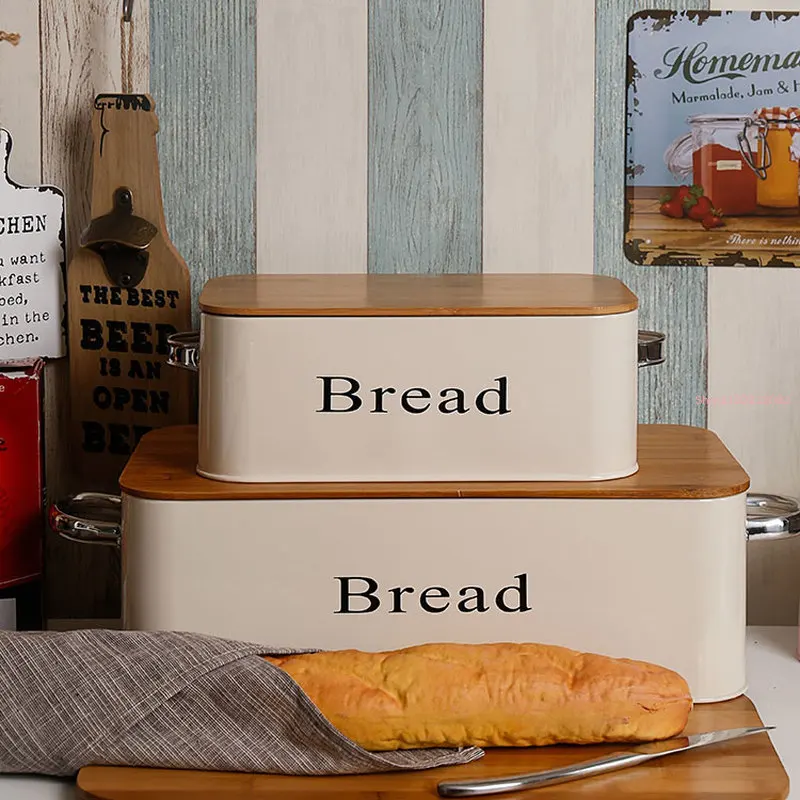 Caja de pan Binaural con cubierta de bambú francés de gran tamaño, almacenamiento grande y pequeño, contenedor de hierro galvanizado Rectangular, organizador