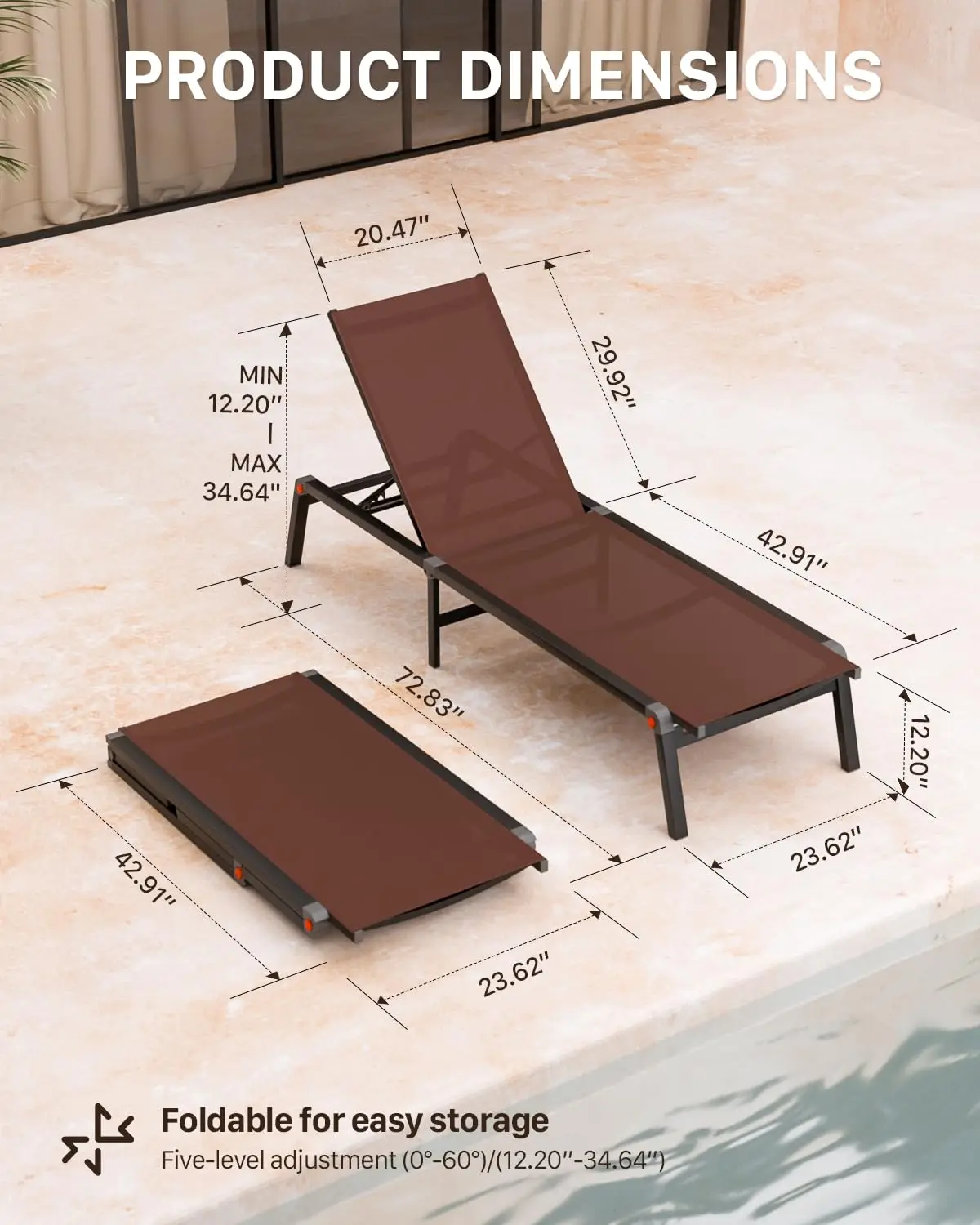 Aluminum Foldable Patio Lounge Chair 5-Position Adjustable Outdoor Recliner Brown 1 Pack, Customized