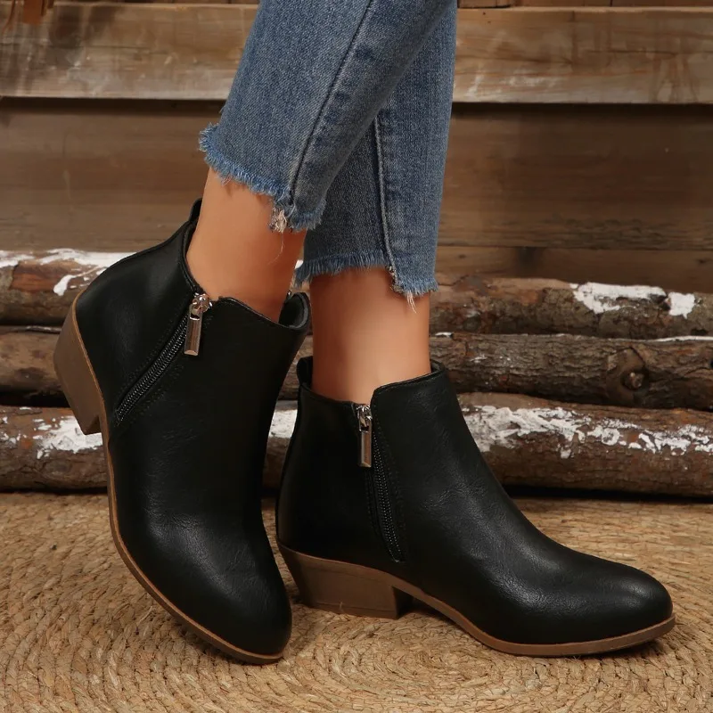 Women's Fashion Block Heel Booties Fall New Round Toe Side Zipper Soft Slip Single Boots