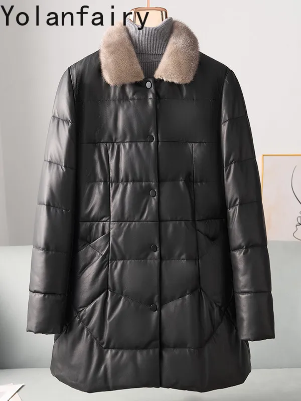 YOLANFAIRY Prawdziwa Skórzana Kurtka Damska z Owczej Skóry Zimowa Średniej Długości Skórzana Kurtka Puchowa z Kołnierzem z Futra Norki Wyszczuplająca Ciepła Czerwona Kurtka Puchowa