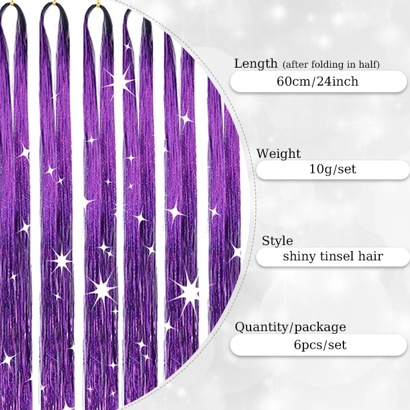 Kit de tinsel púrpura de 6 piezas de 24 pulgadas, extensión de cabello brillante, tinsel de colores para mujer, para fiesta de Navidad, cabello brillante 2