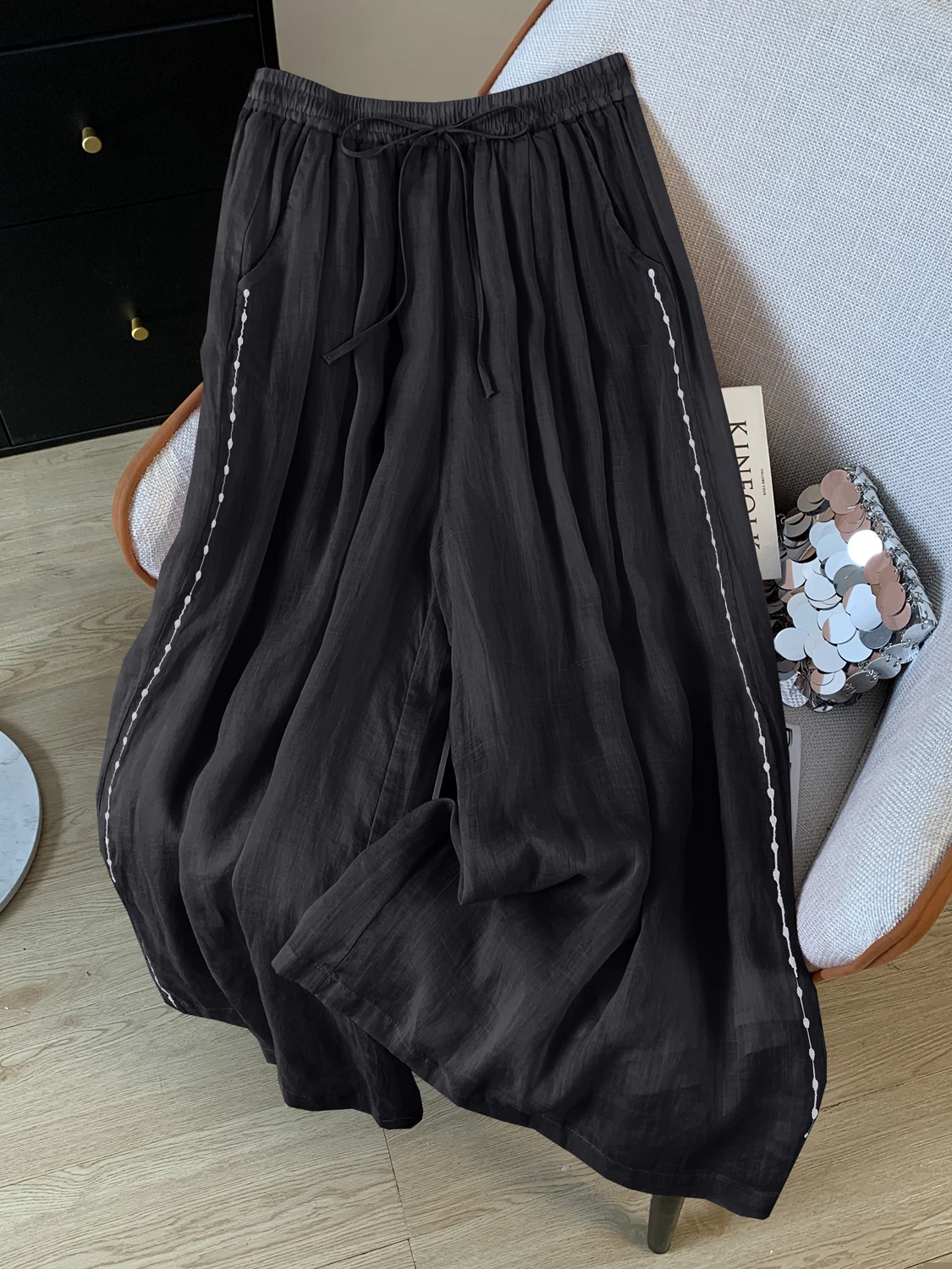 

Elegant Embroidered Wide Leg Pants High Waist Elastic Waist Slimming Breathable Nine Point Skirt Casual Summer Women's plus Size