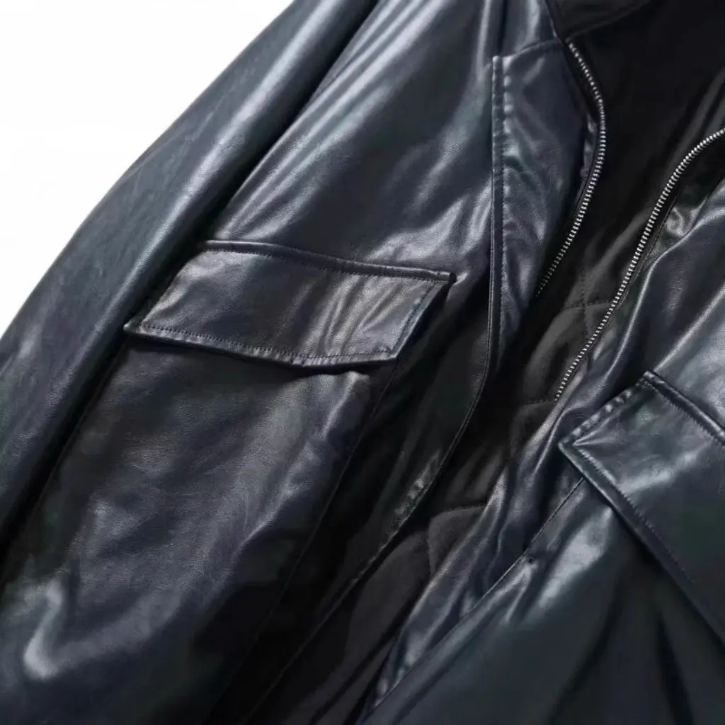 سترة TAOP & النسائية فضفاضة ذات طية صدر السترة وأكمام طويلة من الفرو الصناعي PU على الطراز الأوروبي والأمريكي لخريف/شتاء ملابس خارجية جديدة