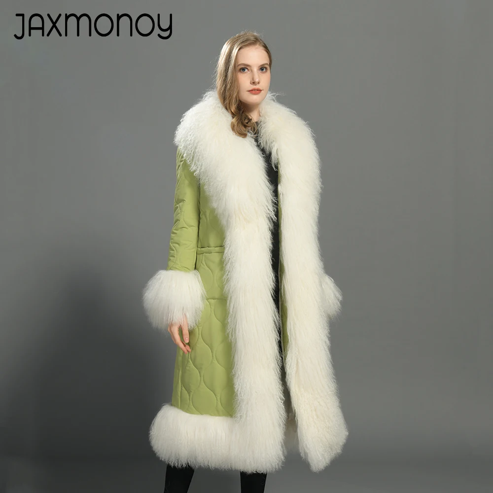 Jaxmonoy casaco longo feminino real mongol pele de ovelha guarnição casacos de inverno senhoras casaco quente moda outerwear feminino nova chegada