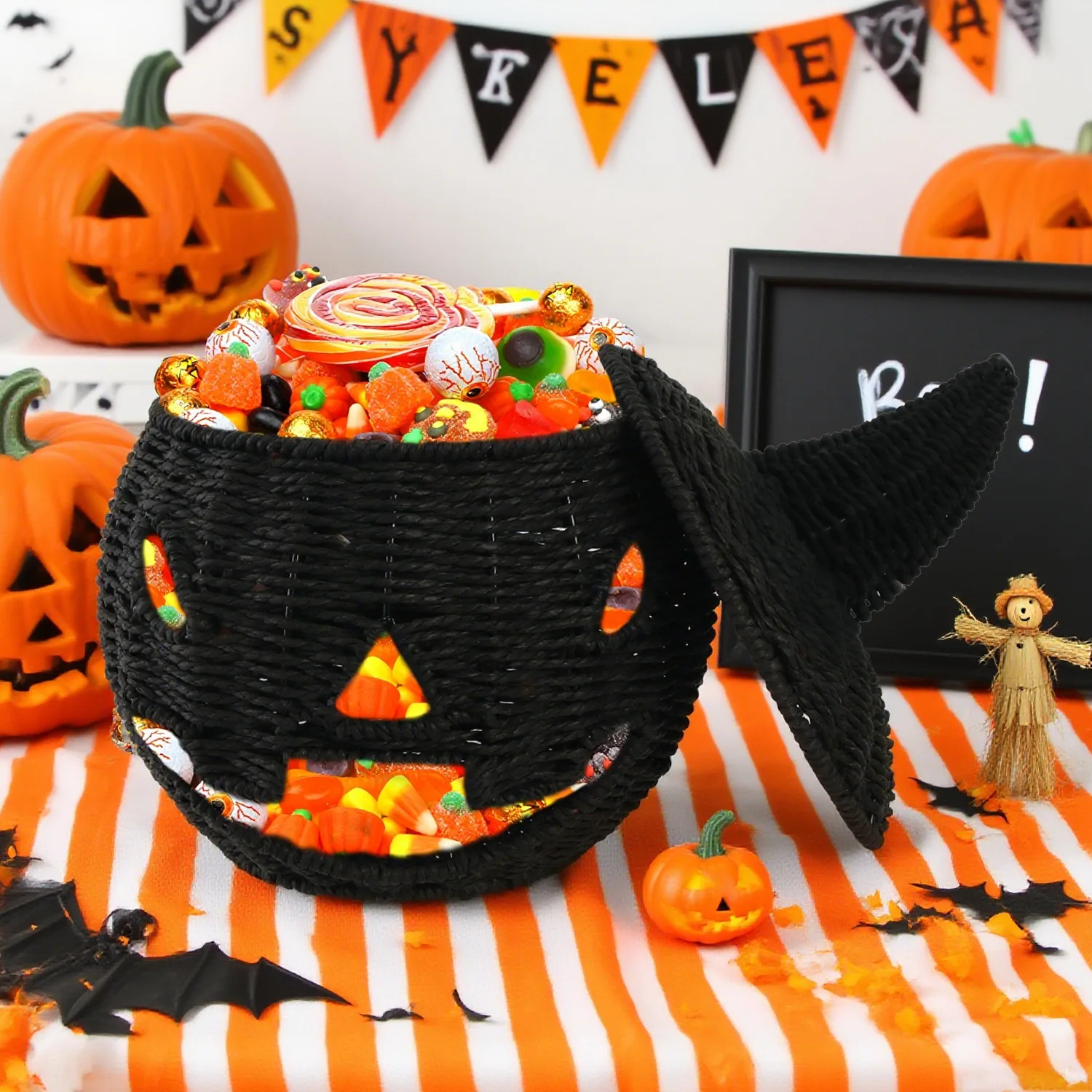 Handwoven Rattan Pumpkin Candy Basket, Halloween Witch Light Decor & Woven Pumpkin Treat Holder