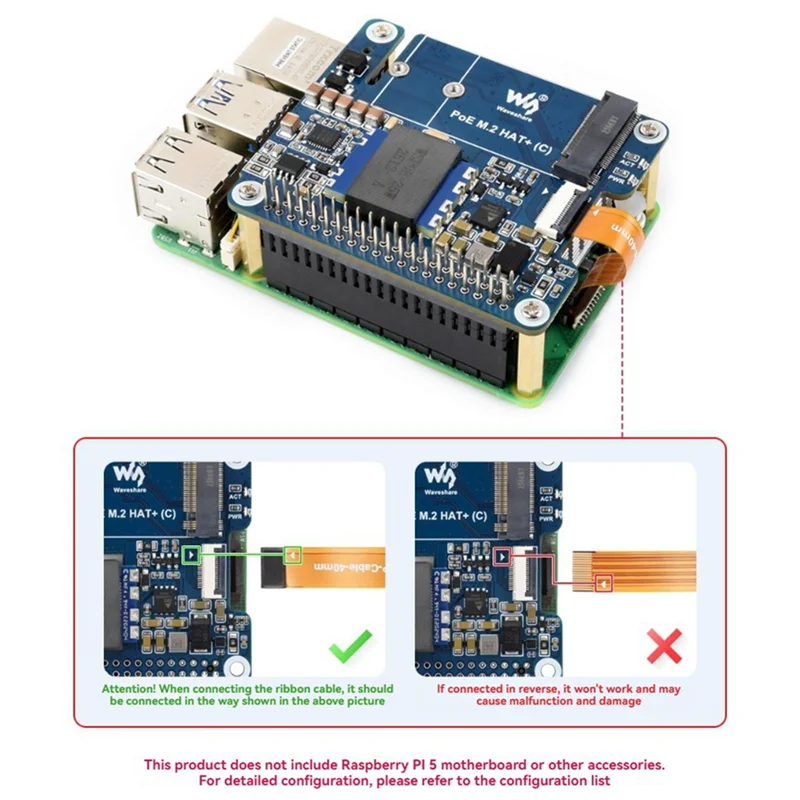 ABKI-Waveshare Poe Expansion Board For Raspberry Pi 5 Pcie To M. 2 Adapter Supports Nvme Protocol M. 2 HAT+ (C) Adapter Board