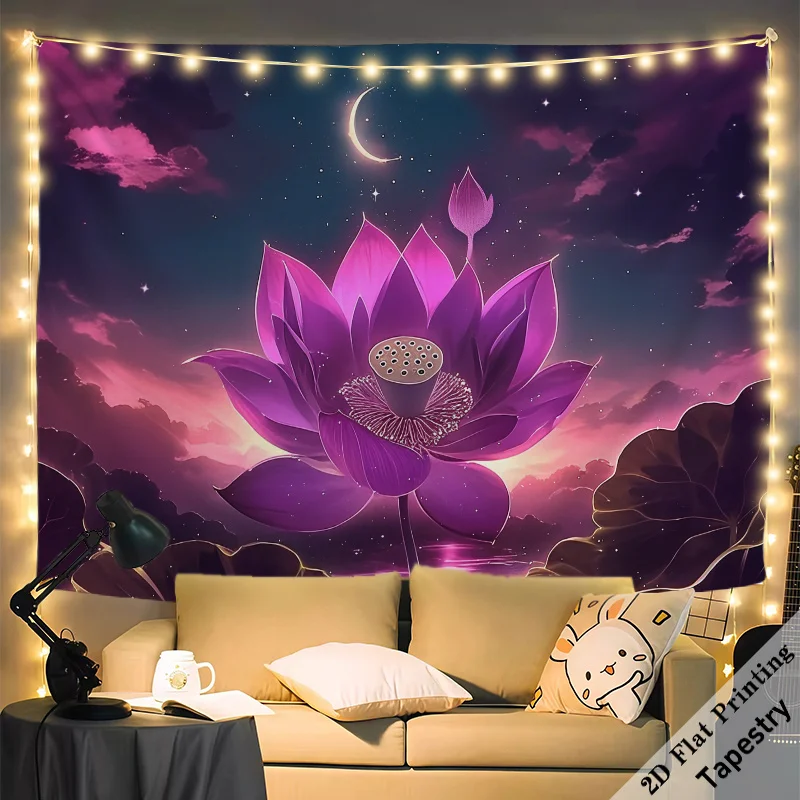 Dreamy Cosmic Lotus Flower Tapestry Wall Hanging Boho Galaxy Moon Art Large Bedroom Decor Abstract Backdrop 180x280cm