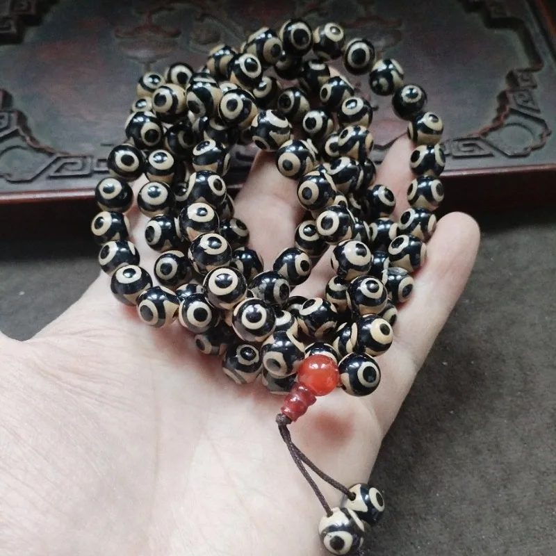 Banded Agate Circular Eye Bead String Retro Smooth Dzi Beads Red Accent Tribal Unisex Multi Loop Jewelry