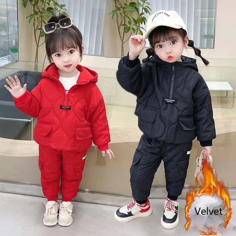 2023 Winter Kids Velvet Clothing Sets 2-10 Years Children Warm Thick Hooded Jackets Loose Pants Suit Girls Boys Outfit