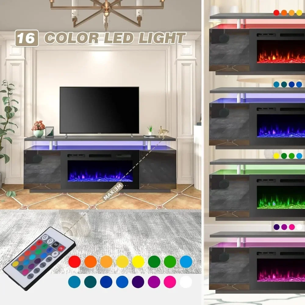 70'' Fireplace TV Stand with 36'' Electric Fireplace with 12 Flame Fireplace Insert Heater and 16 Color Led Lights, TV Console