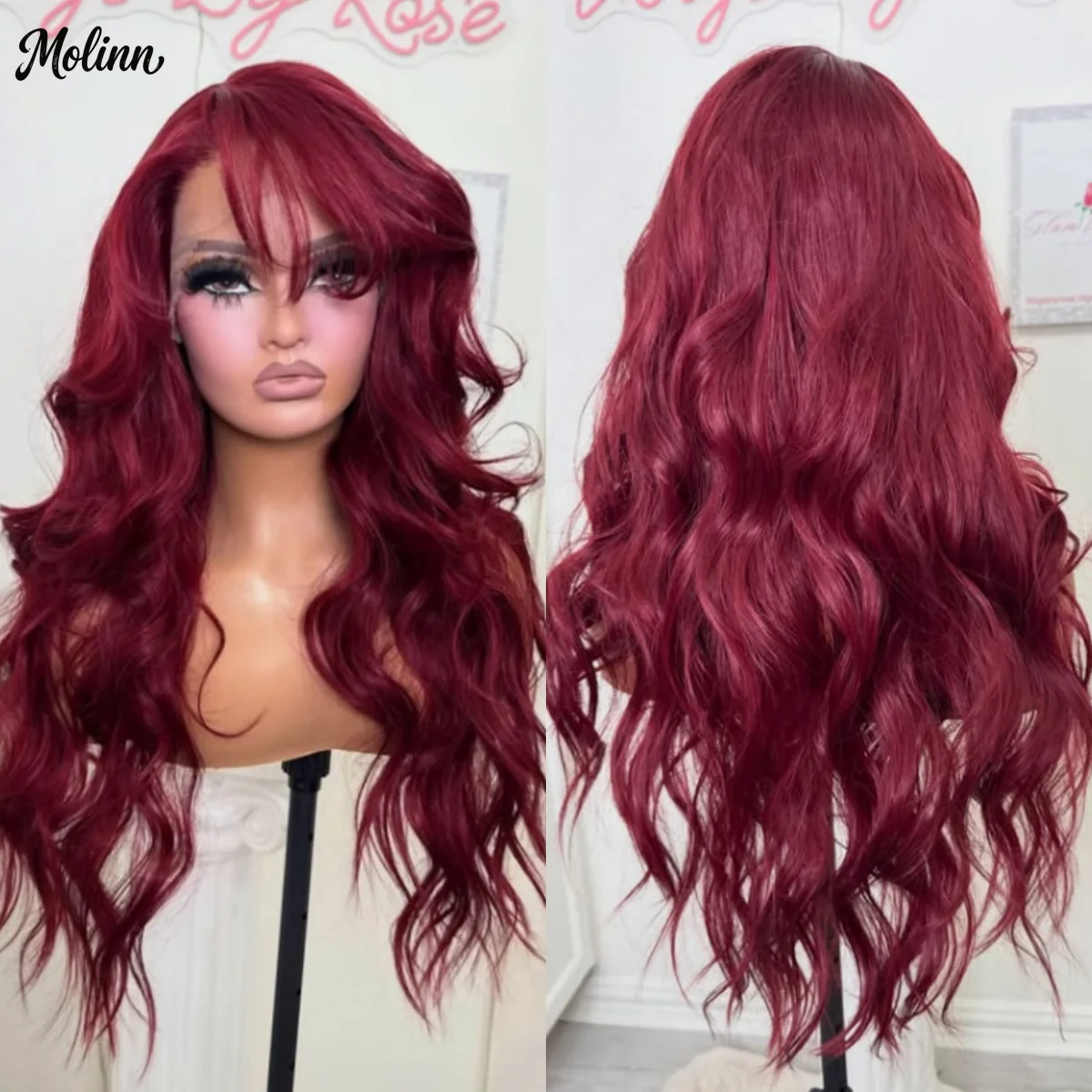 99j Burgundy Red Wig With Bangs Body Wave Lace Front Wig Synthetic And Blend Premium Fibre Heat Resistant Pre Plucked Cosplay
