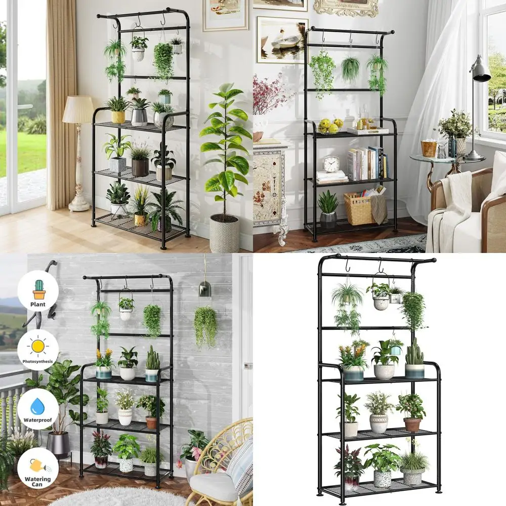 

3-Tier Hanging Metal Plant Stand, 67.25 Tall, Outdoor/Indoor, Heavy-Duty, Adjustable Feet, Black