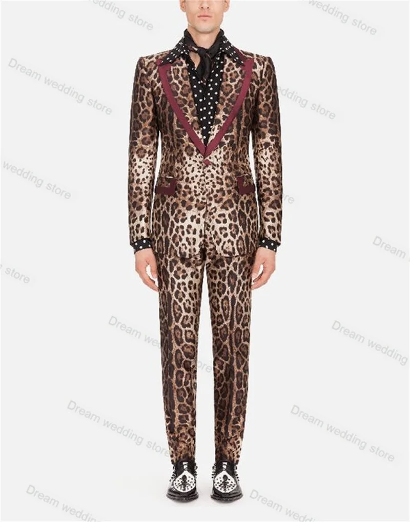 Leopard Velvet Men\'s Suit Pants Set Wedding Tuxedo Formal Business Best Man Groom 2 Piece Blazer Coat Trousers Tailored Made