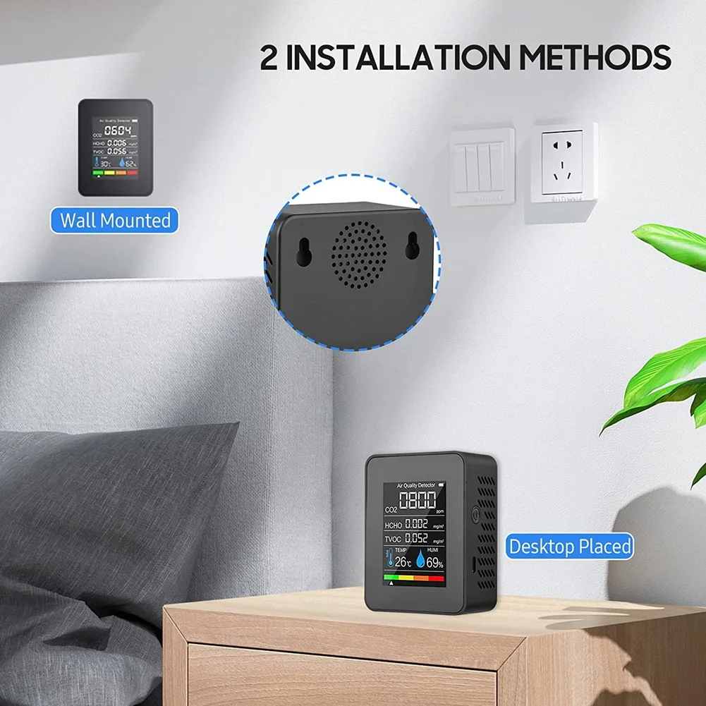 5-in-1-Luftqualitätsmonitor TVOC HCHO CO2-Messgerät für Temperatur und Luftfeuchtigkeit, wiederaufladbarer USB-CO2-Detektor Schwarz